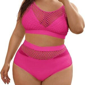 Plus Size Fishnet High Waist Bikini Set Hot Pink
